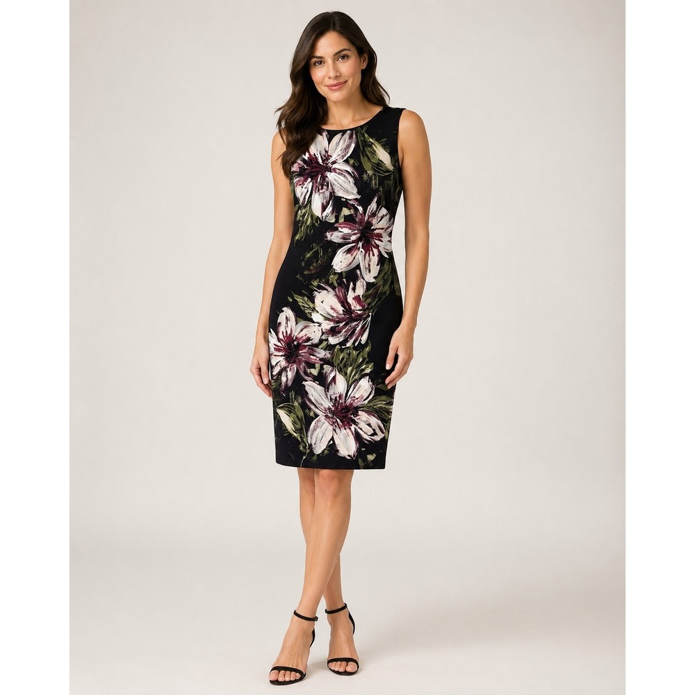 Calvin Klein Career Wear Romantic Dress Womens 6 Black Abstract Floral Art Print